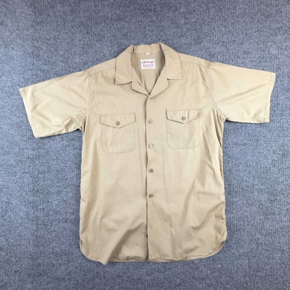 Vintage Creighton Shirt Mens Medium Beige Short Sleeve Button Up Military USN